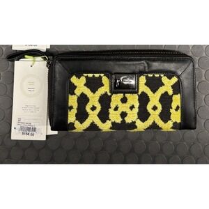 NWT Rare black and yellow Petunia genuine leather trim zipper "Waverly" wallet